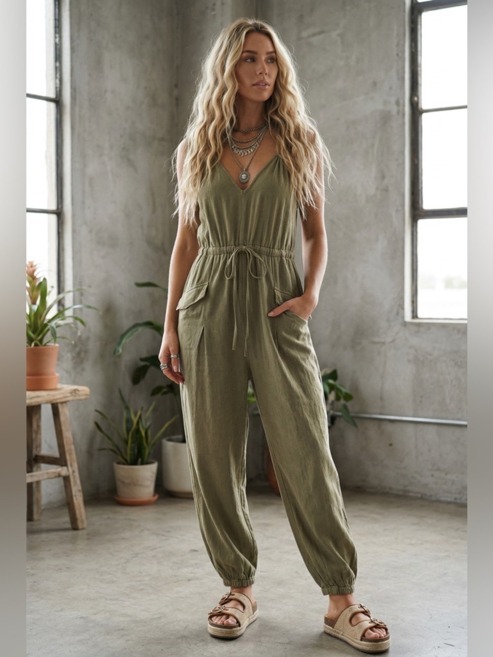 Eesome Stone Washed Drawstring Jogger Jumpsuit Jumper Olive